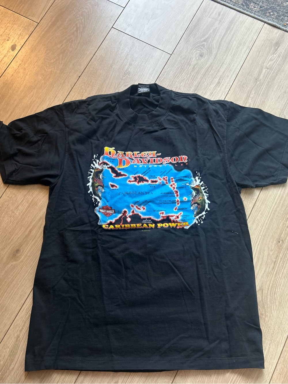 Harley-Davidson Black Tee with Blue and Red Caribbean Map Graphic